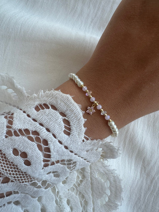 Perlenarmband mit Weißen Glasperlen und Rosa Kristallperlen + Blumen Anhänger - 10457