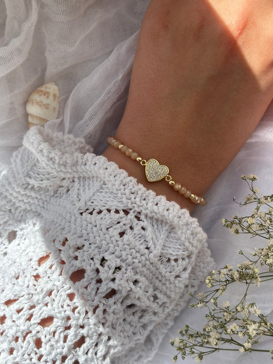 Perlenarmband mit Goldenen Kristallperlen und Goldenen Perlen + Herz Anhänger - 10842