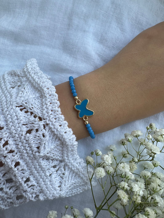 Perlenarmband mit Blauen Kristallperlen und Schmetterling Anhänger - 10313