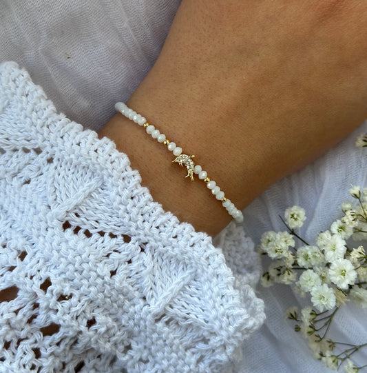 Perlenarmband mit Weißen Kristallperlen und Delfin Anhänger - 10499