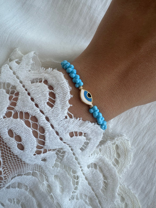 Perlenarmband mit Blauen Perlen und Evil eye Anhänger - 10261