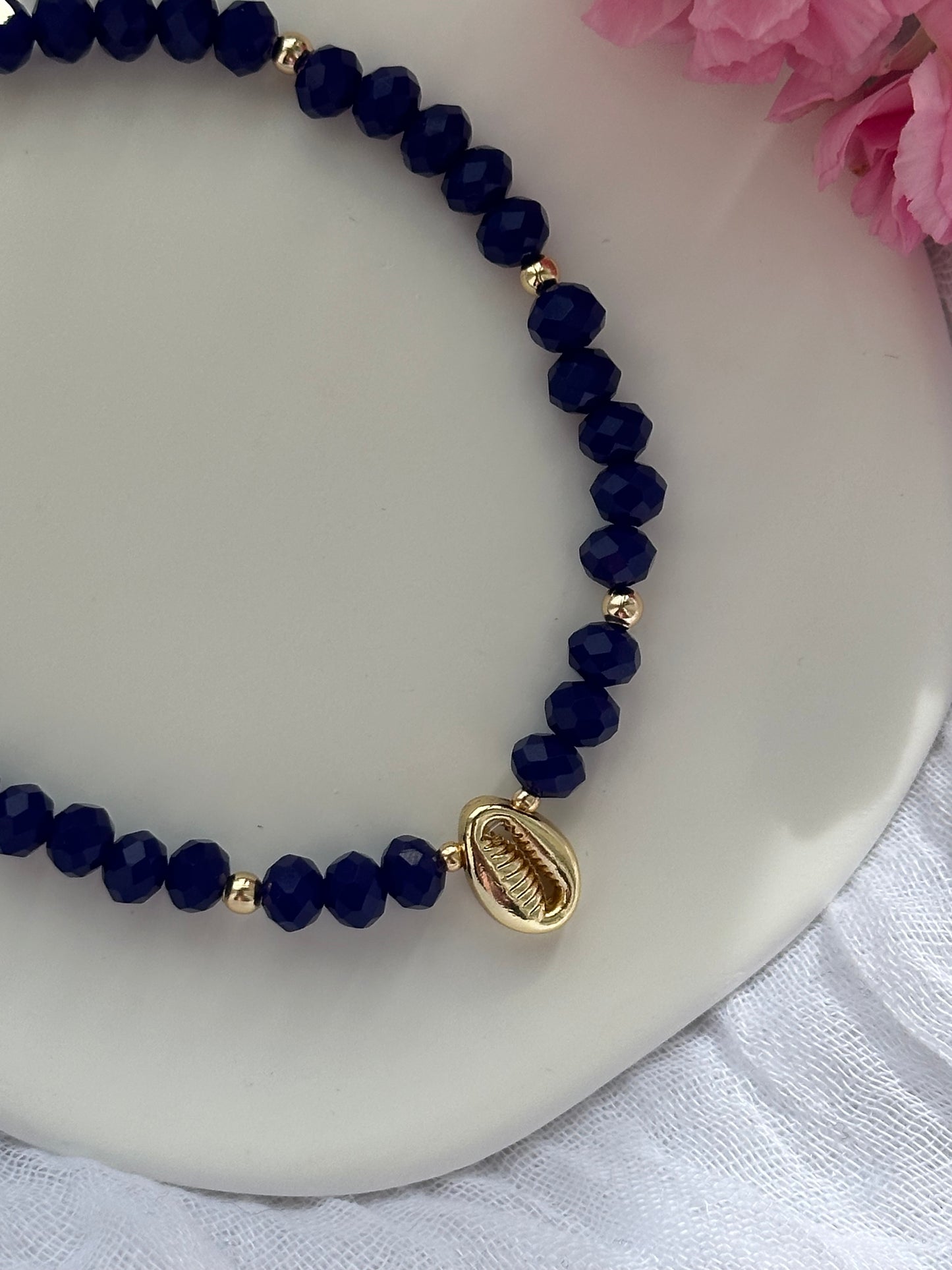 Fußkette mit Dunkelblauen Kristallperlen + Muschel Anhänger - 10602