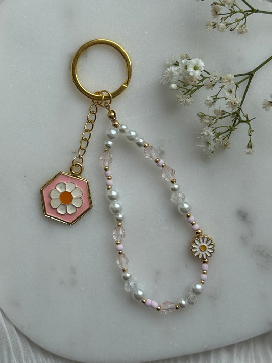 Schlüsselanhänger mit Weißen Perlen, Rosa Kristallperlen und Goldenen Perlen + Papatya Anhänger - 11020