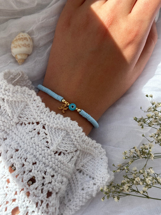 Perlenarmband personalisiert mit Blauen Fimo und goldenen Perlen + Nazar Anhänger - 10822