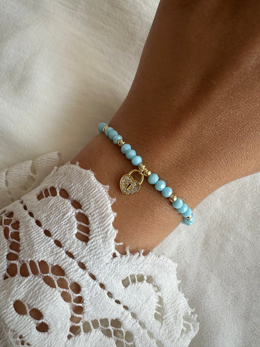 Perlenarmband mit Blauen Kristallperlen und Herz Schloss Anhänger - 10268