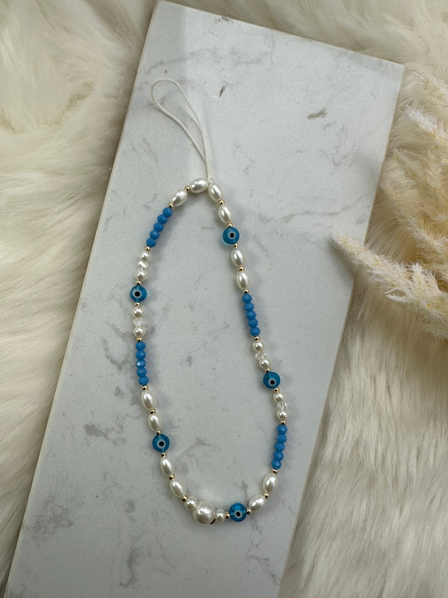 Handykette mit Hellblauen Kristallperlen und Nazar - 10072