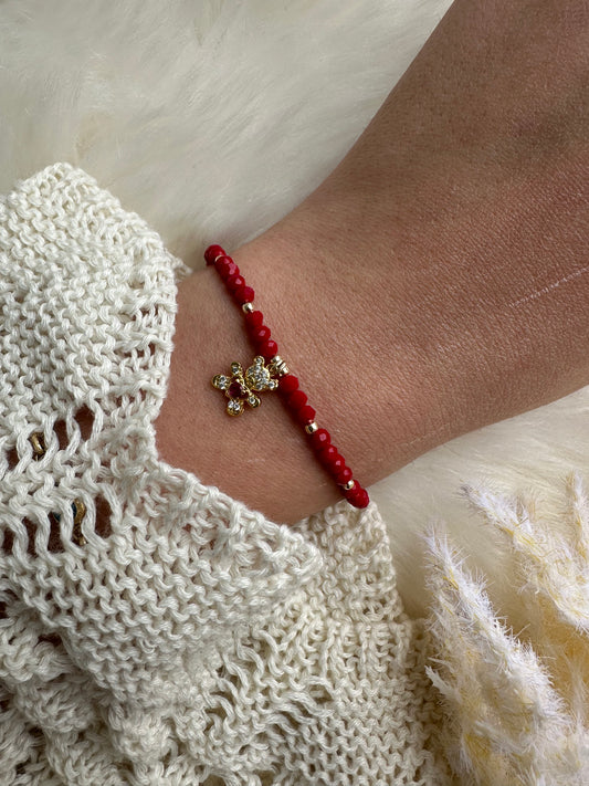 Perlenarmband mit Roten Kristallperlen und Teddy Anhänger - 10390