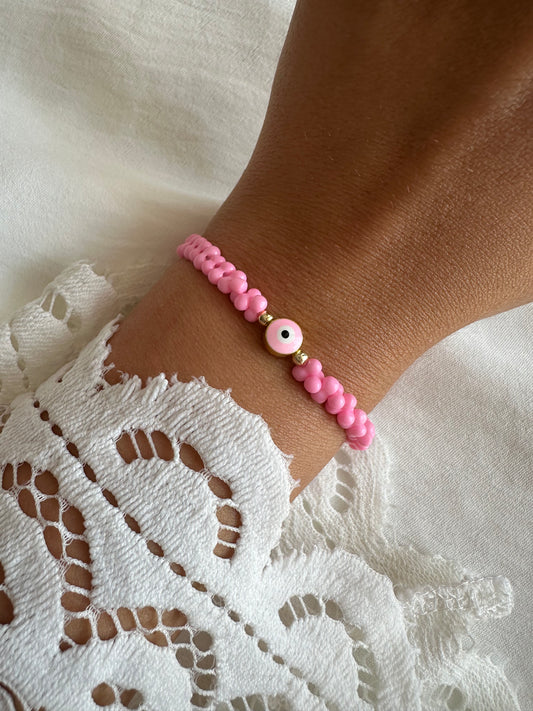 Perlenarmband mit Pinken Perlen und Evil eye Anhänger - 10329