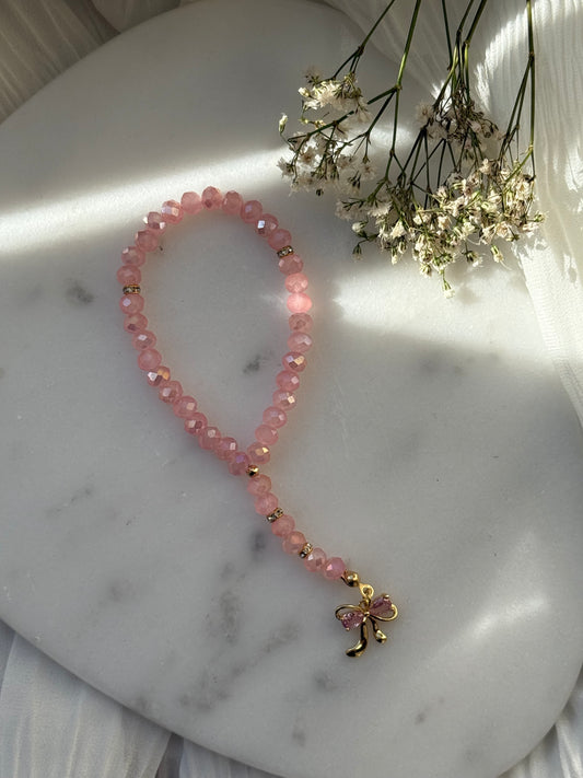 Tesbih mit Rosa Kristallperlen, Goldenen Details + Schleifen Anhänger - 11010