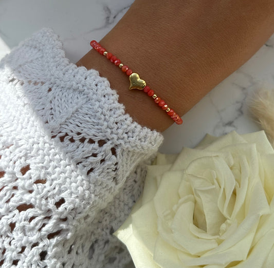 Perlenarmband mit Kristallperlen und Goldenen Perlen + Herz Anhänger - 10887