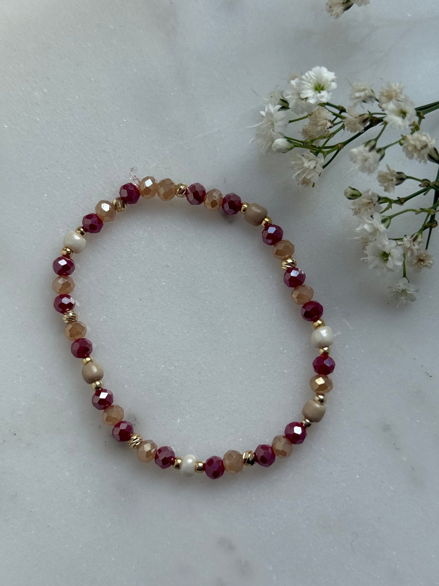 Perlenarmband Autumn mit Roten, Beigen Kristallperlen, Goldenen Perlen - 10973