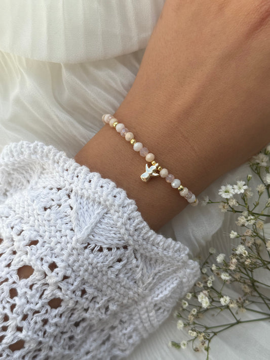 Perlenarmband mit Beigen Kristallperlen, Goldenen Perlen + Engel Anhänger - 10965