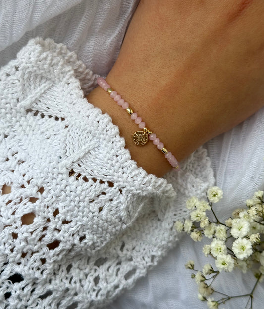 Perlenarmband mit Rosa Kristallperlen und Goldenen Taler Anhänger - 10526