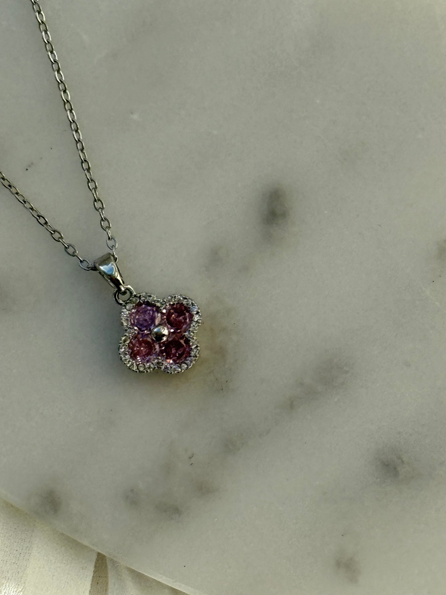 Halskette Edelstahl Silber Rosa Kleeblatt - 11039