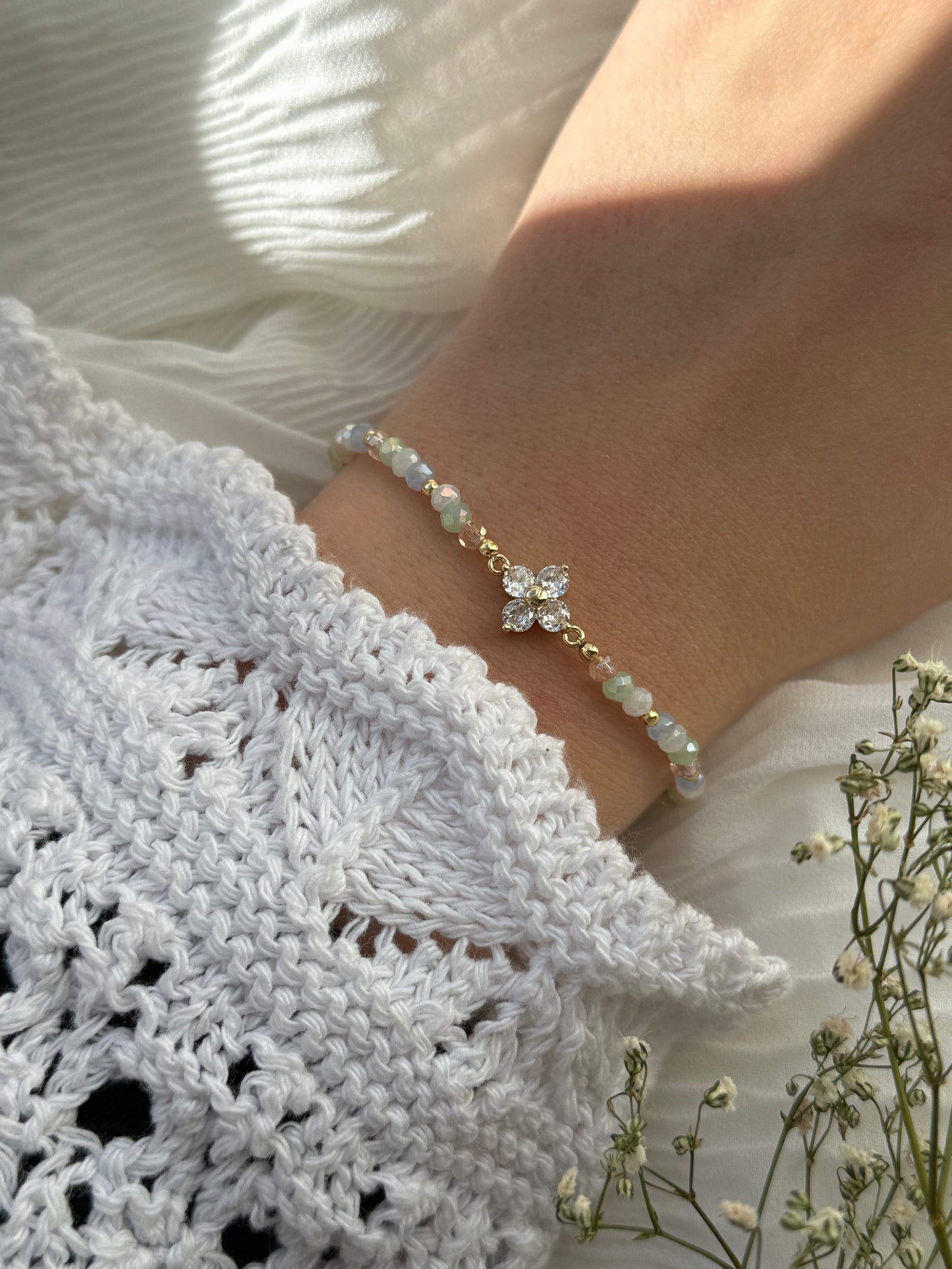 Perlenarmband Rainbow + Zirkonia Kleeblatt Anhänger - 2102