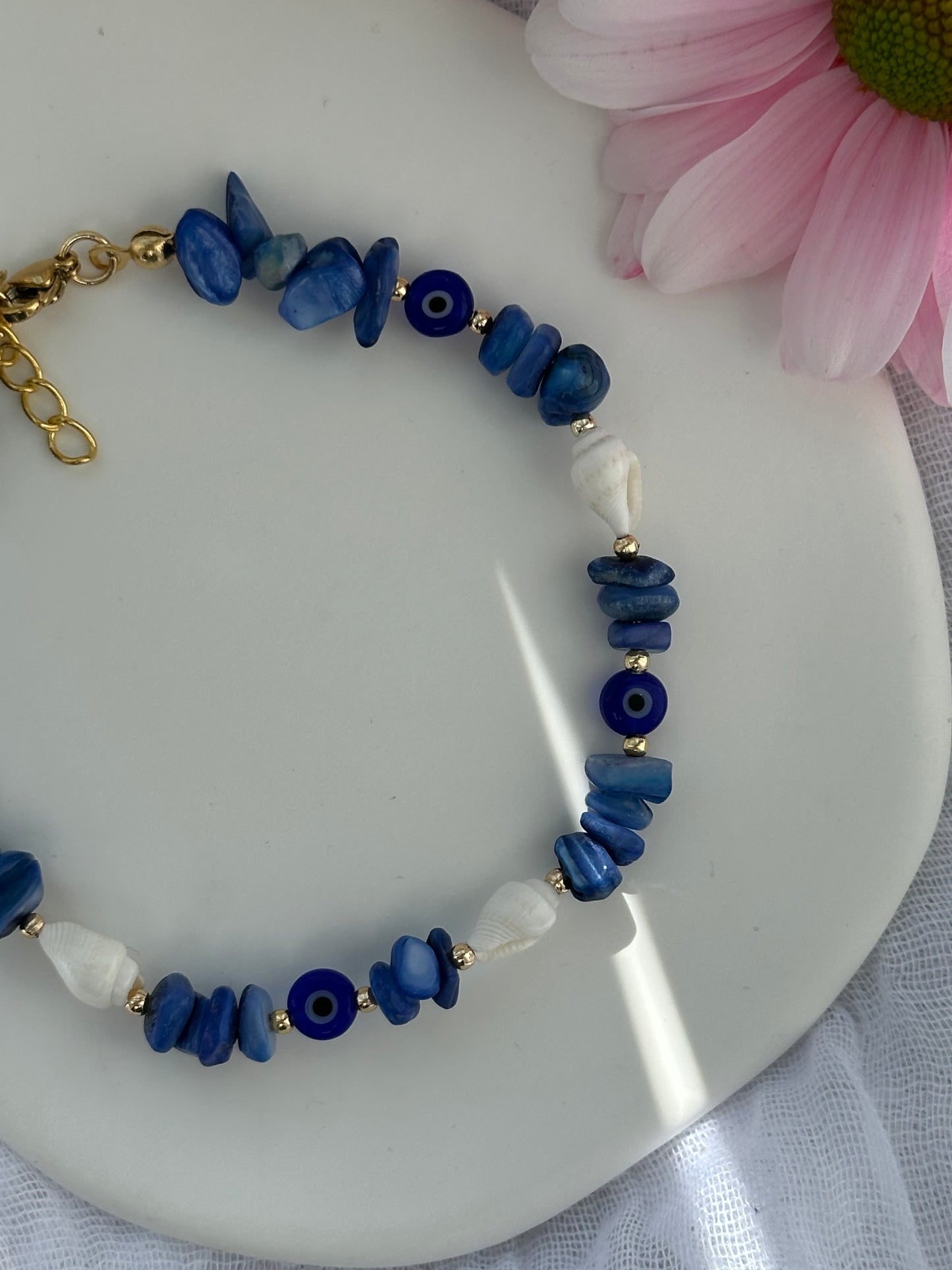 Fußkette mit Blauen Edelsteinen + Muschel und Nazar Anhänger - 10695