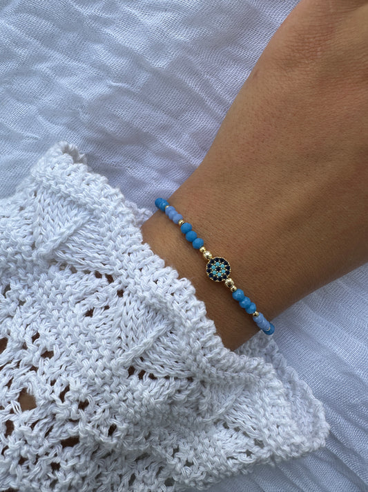 Perlenarmband mit Blauen Kristallperlen und Nazar Anhänger - 10334