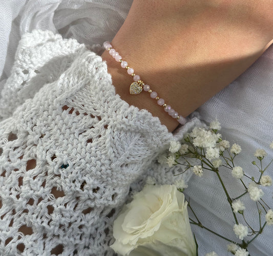Perlenarmband mit Rosa Kristallperlen und Zirkonia Herz Anhänger - 10553