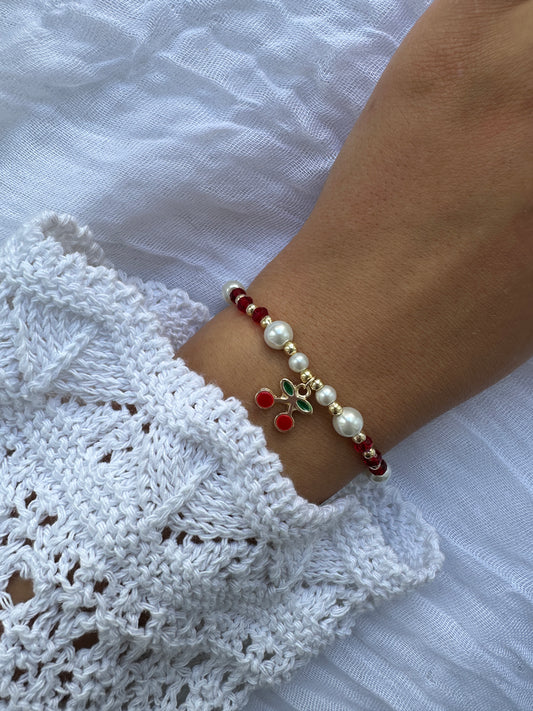 Perlenarmband mit Weißen Perlen und Roten Kristallperlen + Kirsch Anhänger - 10279