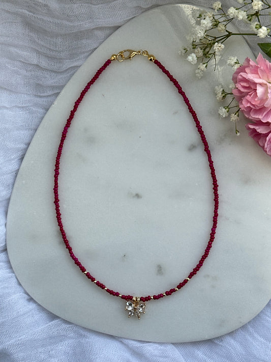 Perlenkette mit Pinken und Goldenen Perlen + Zirkonia Schleifen Anhänger - 10615