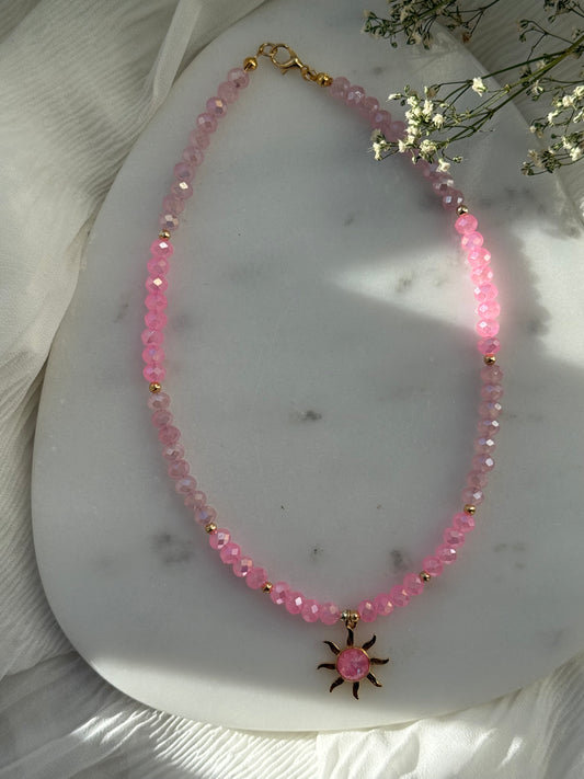 Perlenkette mit Rosa Kristallperlen Goldenen Perlen + Sonnen Anhänger - 2152