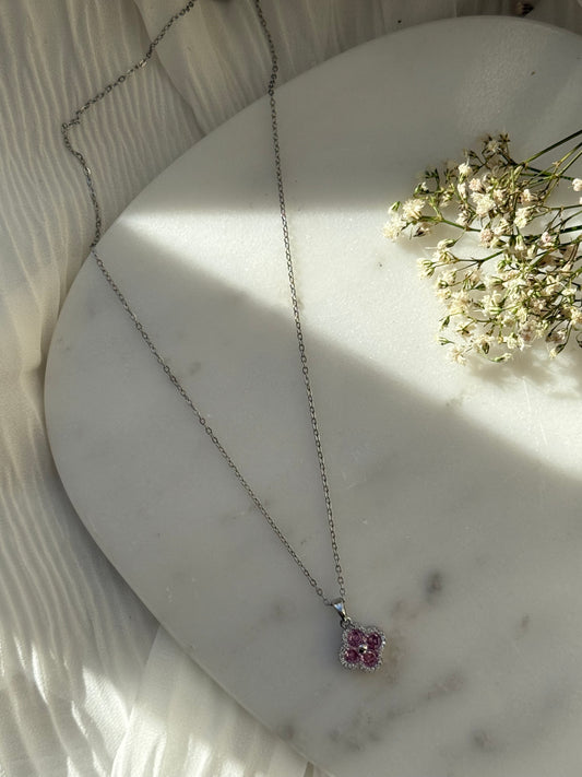 Halskette Edelstahl Silber Rosa Kleeblatt - 11039