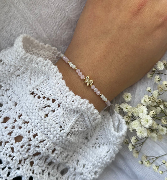 Perlenarmband mit Weißen und Rosa Kristallperlen und Zirkonia Schmetterling Anhänger - 10517