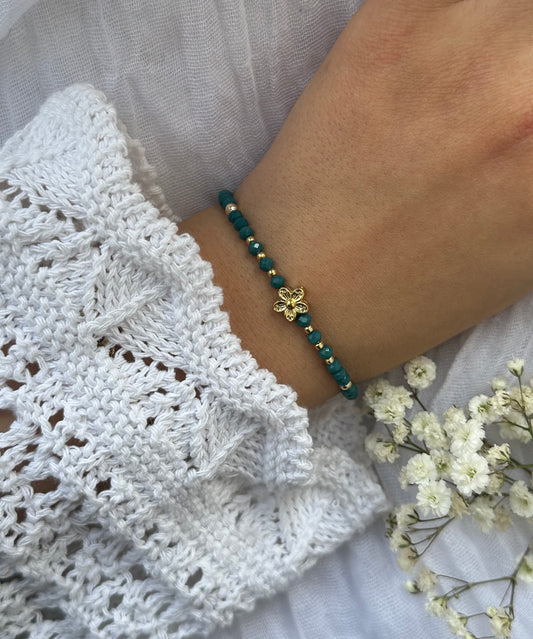 Perlenarmband mit Grünen Kristallperlen und Blumen Anhänger - 10516