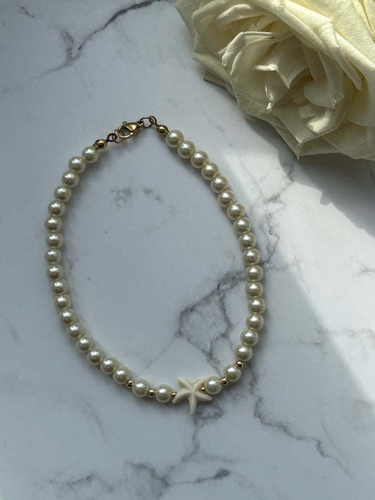 Fußkette mit Weißen Glasperlen + Muschel Anhänger - 10921