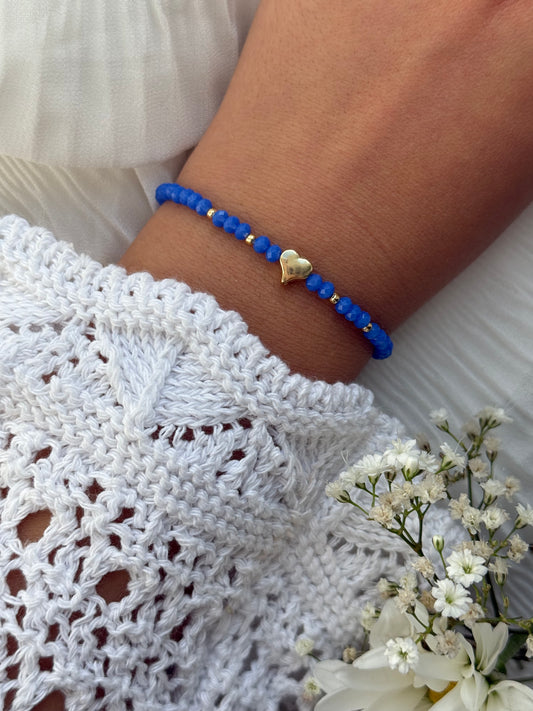 Perlenarmband mit Blauen Kristallperlen, Goldenen Perlen + Herz Anhänger - 10962
