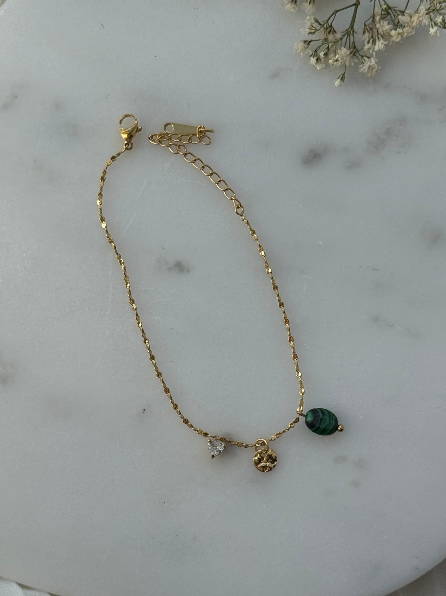 Goldenes Charms Edelstahl Armband Green Stone - 11101