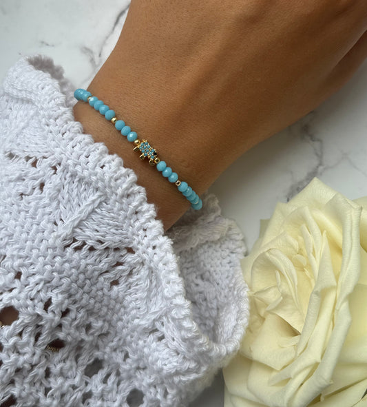 Perlenarmband mit Blauen Kristallperlen und Goldenen Perlen + Elefanten Anhänger - 10890