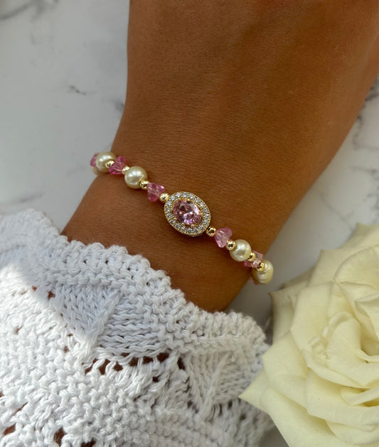 Perlenarmband mit Weißen Glasperlen, Rosa Kristallperlen und Goldenen Perlen + Zirkonia Stein Anhänger - 10882