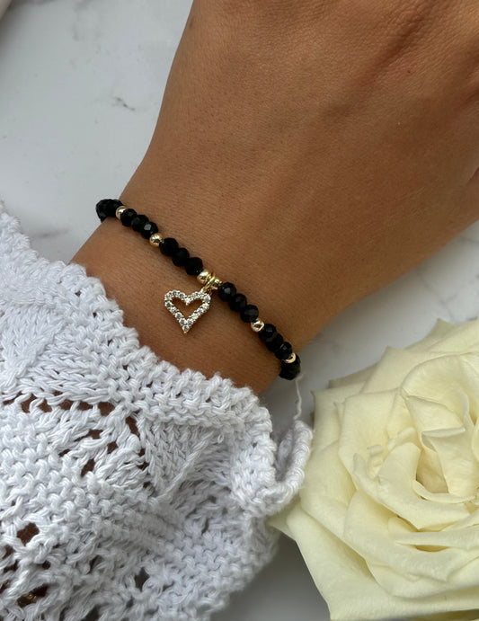 Perlenarmband mit Schwarzen Kristallperlen, Goldenen Perlen + Herz Anhänger - 10902