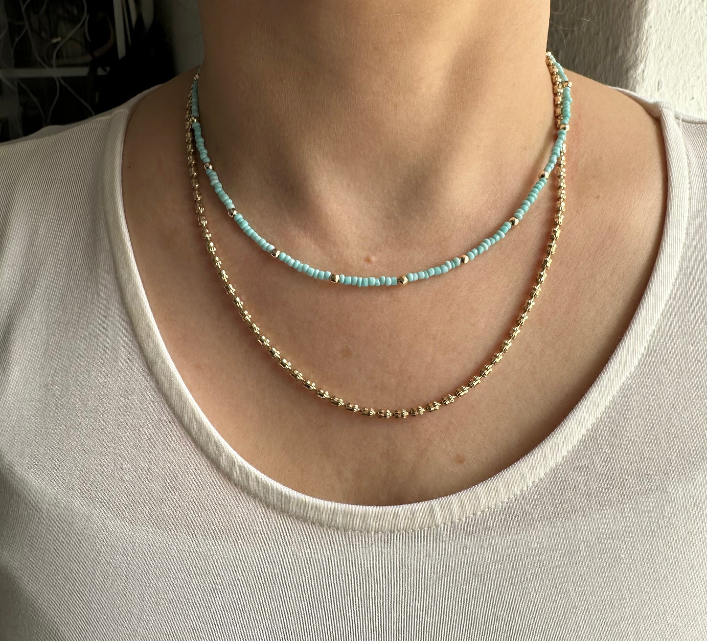 Perlenkette mit Blauen und Goldenen Perlen - 10125