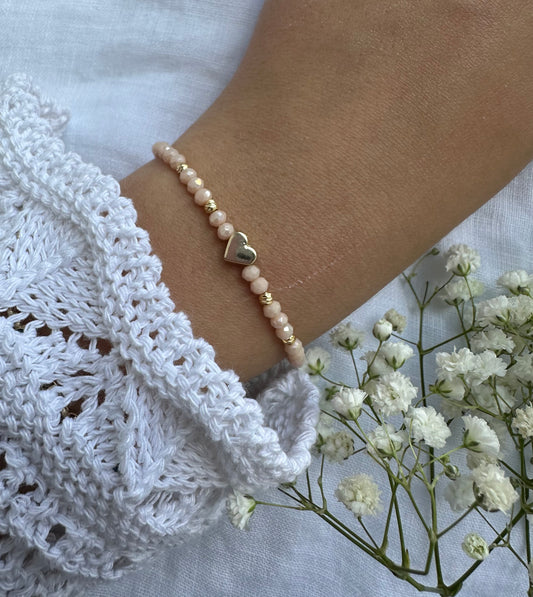 Perlenarmband mit Beigen Kristallperlen und Herz Anhänger - 10317