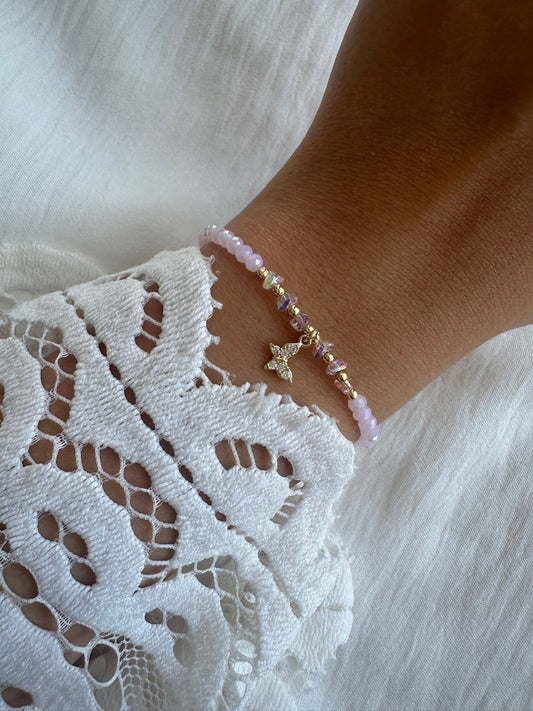 Perlenarmband mit Rosa Kristallperlen + Schmetterling Anhänger - 10402