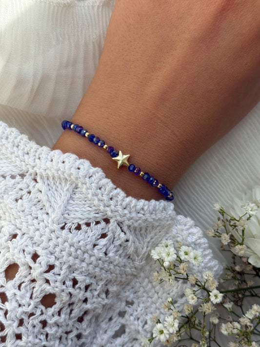 Perlenarmband mit blauen Perlen, Goldenen Perlen + Stern Anhänger 10960