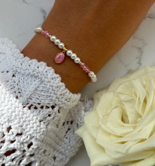 Perlenarmband mit Weißen Glasperlen, Rosa Kristallperlen und Goldenen Perlen + Rosa Stein Anhänger - 10880