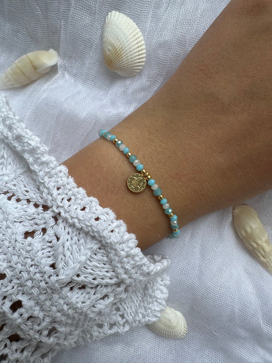 Perlenarmband mit bunten Kristallperlen und Goldenen Taler Anhänger - 10375