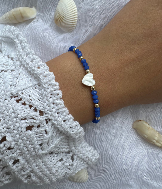 Perlenarmband mit Blauen Kristallperlen und Perlmutt Herz - 10257