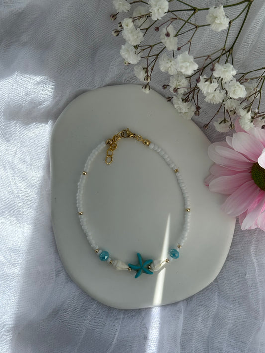 Fußkette mit Weißen Perlen + Muschel Anhänger - 10696