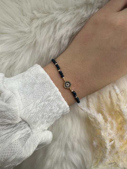 Perlenarmband Dunkelblau mit Nazar Kleeblatt Anhänger - 10451