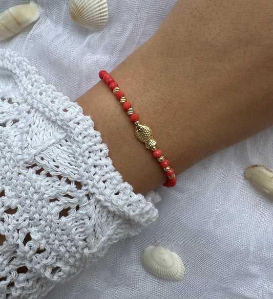 Perlenarmband mit Orangenen Kristallperlen und Fisch Anhänger - 10256