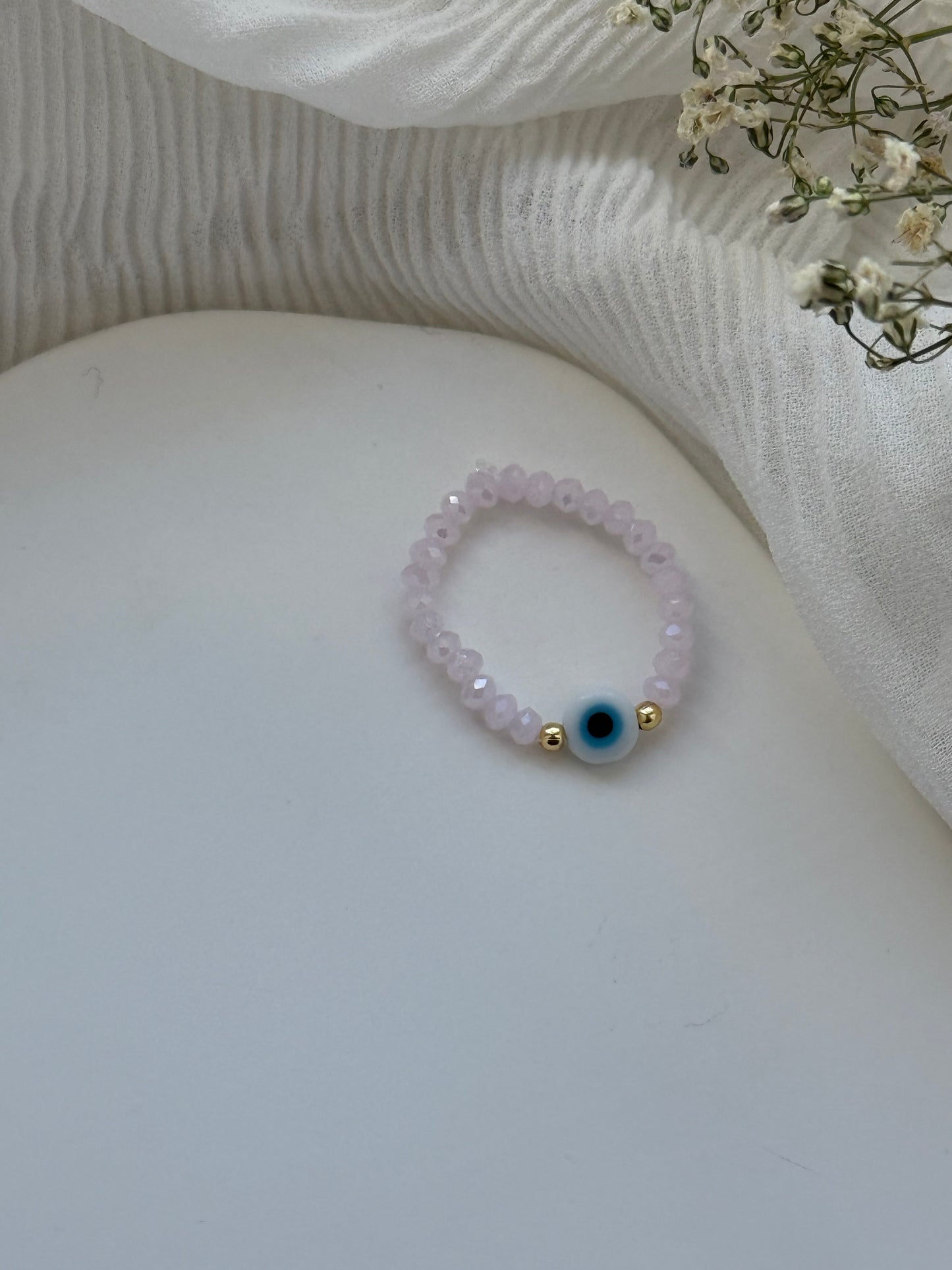 Perlenring mit Rosa Kristallperlen und Goldenen Details + Nazar Anhänger - 2135