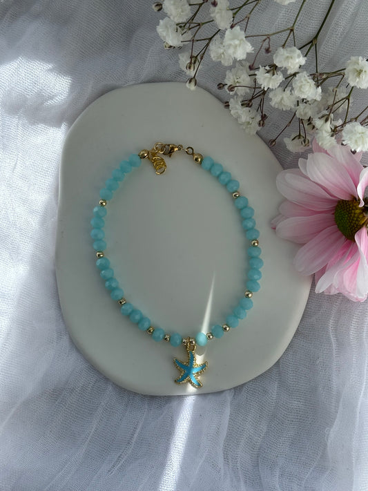 Fußkette mit Blauen Kristallperlen + Muschel Anhänger - 10693