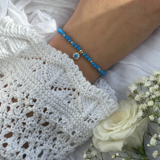Perlenarmband mit Blauen Kristallperlen und gold Kristall Anhänger - 10539
