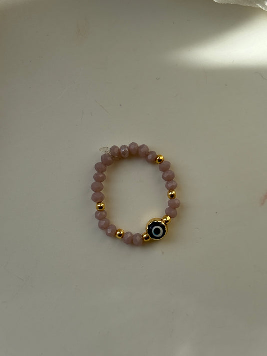 Perlenring mit Flieder Kristallperlen, Goldenen Details + Nazar, Evil eye Anhänger - 111198