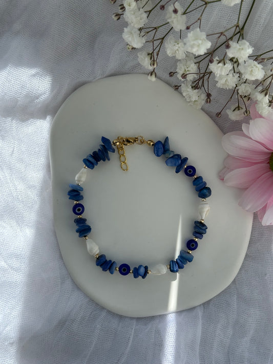 Fußkette mit Blauen Edelsteinen + Muschel und Nazar Anhänger - 10695
