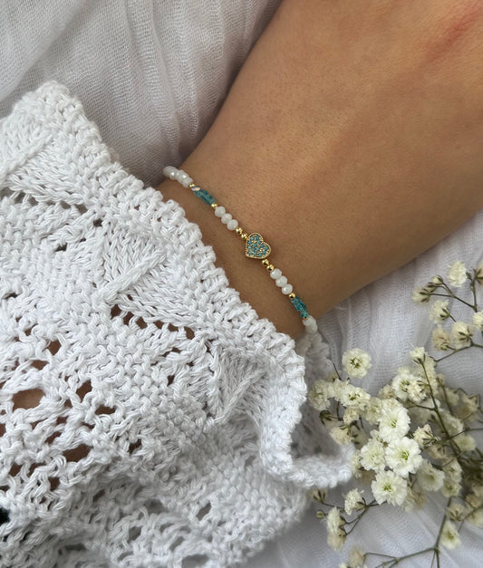 Perlenarmband mit Weißen und Blauen Kristallperlen und Zirkonia Herz Anhänger - 10522